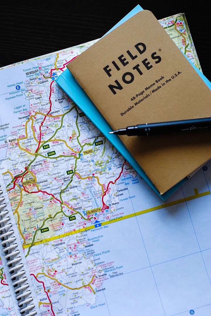 notebooks pen and map